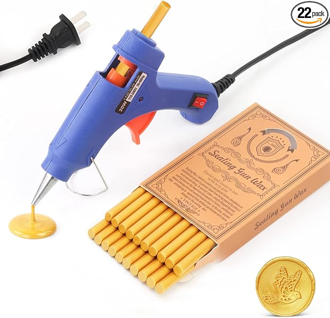 Wax Seal Kits, Wasole 20Pcs Gold Sealing Wax Sticks with 1 Pieces Glue Gun Set for Wax Seal Stamp, Great for Wedding Invitations, Birthday Cards, Envelopes, Gift Wrapping