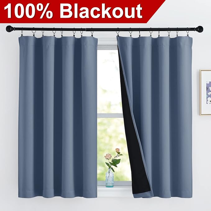NICETOWN 100% Blackout Curtains with Black Liners, Thermal Insulated Full Blackout 2-Layer Drapes, Energy Efficiency Window Draperies for Boy's Room (Stone Blue, 2 Panels, 52 inches W by 54 inches L)