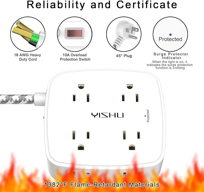 Surge Protector Power Strip - YISHU 8 Outlets with 4 USB (2 USB C) Charging Ports, 6Ft Braided Extension Cord, Flat Plug Multi Plug Outlet Extender Charging Station for Home Office, ETL, White
