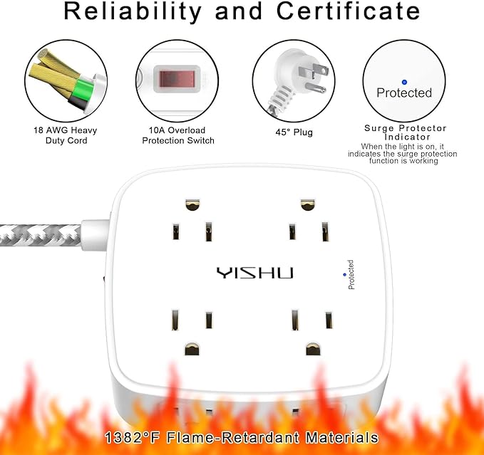 Surge Protector Power Strip - YISHU 8 Outlets with 4 USB (2 USB C) Charging Ports, 10Ft Braided Extension Cord, Flat Plug Multi Plug Outlet Extender Charging Station for Home Office, ETL, White