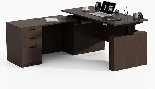 66.93'' L Shaped Executive Standing Desk with Pre-Assembled Frame & Lockable Cabinets, Height Adjustable Desk Dual-Motor Sit-Stand Workstation for Corporate & Home Office (Espresso)
