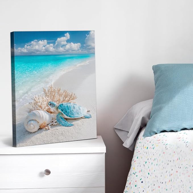 Coastal Beach Wall Art, Ocean Sea Turtle Seashell Coral Wall Decor, Turquoise Water Sand Seascape Painting, Beach Coastal Print for Bathroom Bedroom Living Room 8x10 Canvas Framed