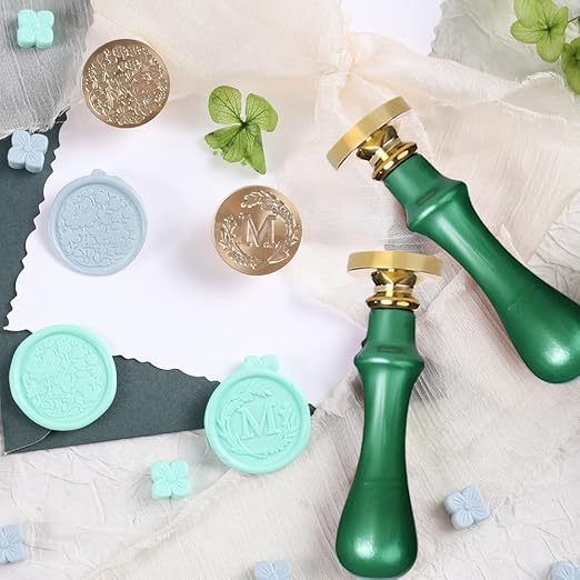 Elegant Initial M Wax Seal Kit,2pcs Exquisite Brass Stamp Heads with Eucalyptus & Flower Designs Ideal for Wedding Invitations Gift Wraps Envelopes and Christmas Cards (Alphabet M Kit)