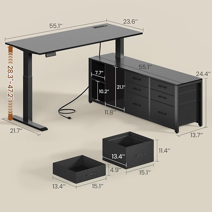 SEDETA L Shaped Electric Standing Desk with 6 Fabric Drawers, 55" x 55" Height Adjustable Office Executive Desk with Storage Shelves, Stand up Computer Desk with Power Outlet (Black)