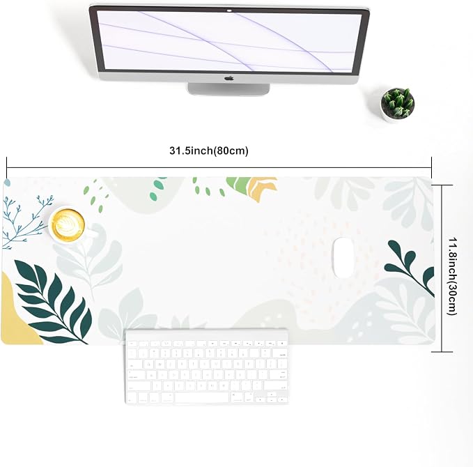 Faux Leather Large Mouse Pad, Office Desk Mat, 31.5"x11.8", Green White | Desk Décor Accessories, Extended Size, Waterproof & Easy to Clean, Smooth Surface, Non Slip Desk Organization