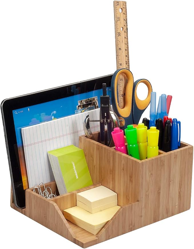 MobileVision Bamboo Multi-Function Desktop Organizer; Store stationary items like notepads, file folders, paperclips, business cards, pens, & more
