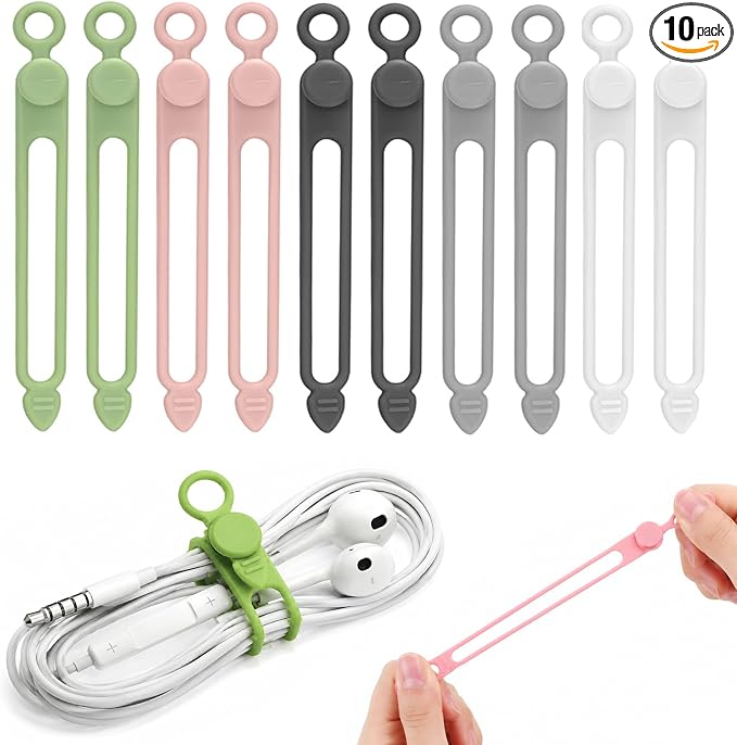 10 Pcs Silicone Cable Ties, Reusable Cord Organizer. | High Elasticity Cable Management Straps for Home Office Kitchen Appliances Cords Wires