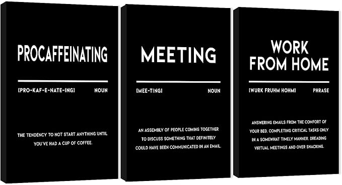 3 Piece Inspirational Canvas Wall Art, Quotes "Procaffeinating - Meeting - Work From Home" Motivational Print Pictures, Triptych Entrepreneur Poster Framed Artwork for Men Women Room Decor(72"Wx36" H)