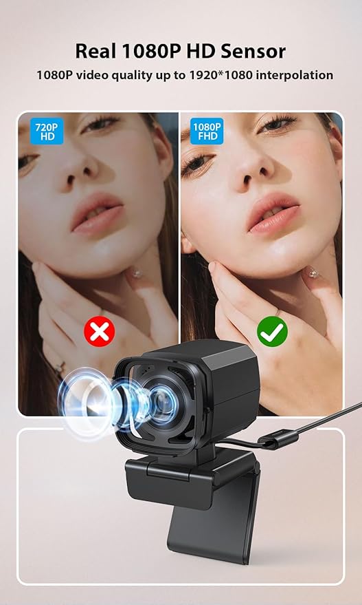 Webcam for PC, AI Auto Tracking, Remote Control, in-line Dual Noise Canceling Microphones, Full HD 1080P Video Calls, 73° Angle View, Privacy Shutter, USB Plug and Play, Low Light Correction