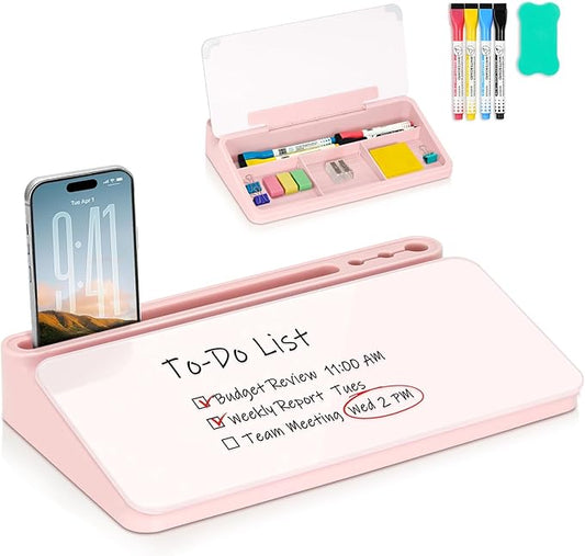 WALGLASS Small Desktop Whiteboard with Storage, Glass Desk Dry Erase White Board Computer Keyboard Stand with Drawer, Desk Organizers with Accessories for Office, Home, School Supplies Pink