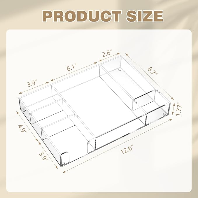 Briwooody Clear Acrylic Drawer Organizer,6 Compartments,Large | 12.8 x 8.8 x 12.6 Inch Desk Storage Tray Organizer for Pen, Stationery, Desktop, Office, Bathroom, Kitchen, Makeup Supplies
