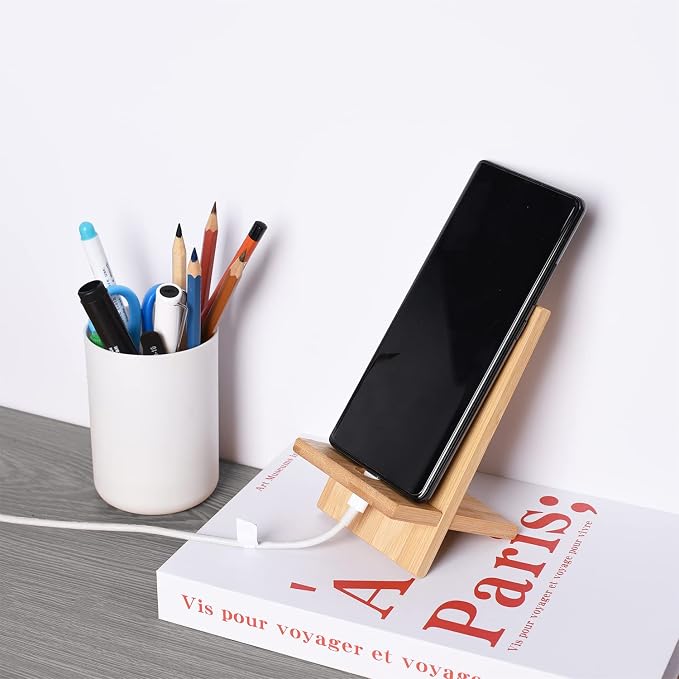 Mobile Stand Japanese Style Cellphone Holder Desktop Organizer Charging Station Compatible with All Smartphones Tablets Natural Bamboo Wood Portable Adjustable Angle (Plain-Hole)