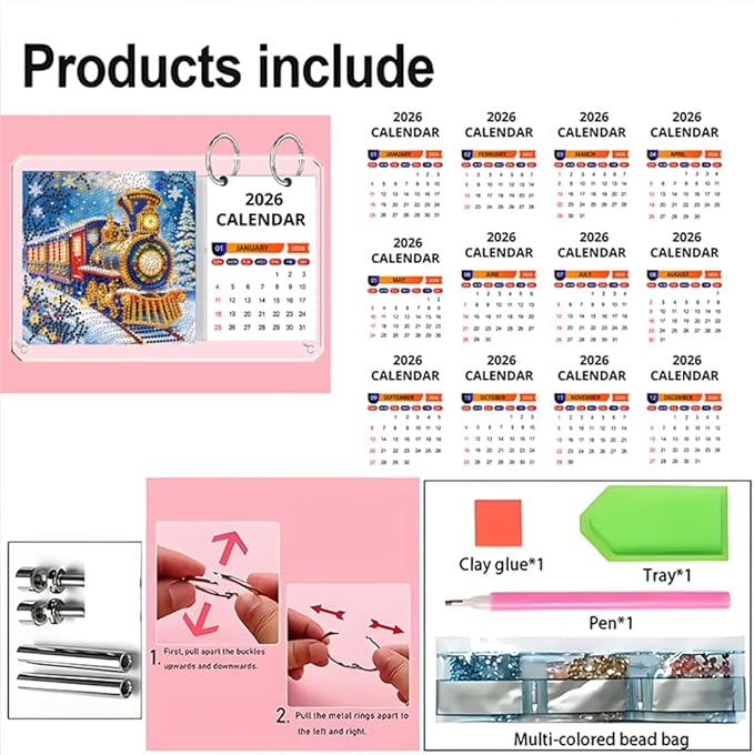 2026 Standing Desk Calendar DIY Diamond Art Painting Monthly Flip Desktop Calendar Mosaic Kits Acrylic Tabletop Calendars Diamond Art Craft Supplies Planner for Office Home Decor-Train