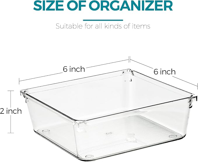8 Pack Drawer Organizers, 6"X 6" Clear Acrylic Storage Bins | Acrylic Tray Design, Non-Slip Pads, Desk Storage Helper, For Makeup, Jewelry, Kitchen, Bathroom, Office Organization