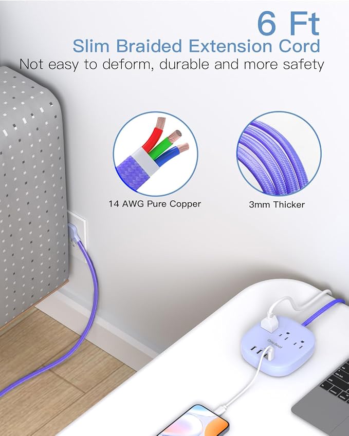 Cruise Ship Travel Essentials, 22.5W/4.5A Flat Plug Power Strip, 6Ft Extension Cord, 3 Outlets 4 USB Ports (2 USB C) Cruise Approved Power Strip No Surge Protection, Desktop Charging Station, Purple