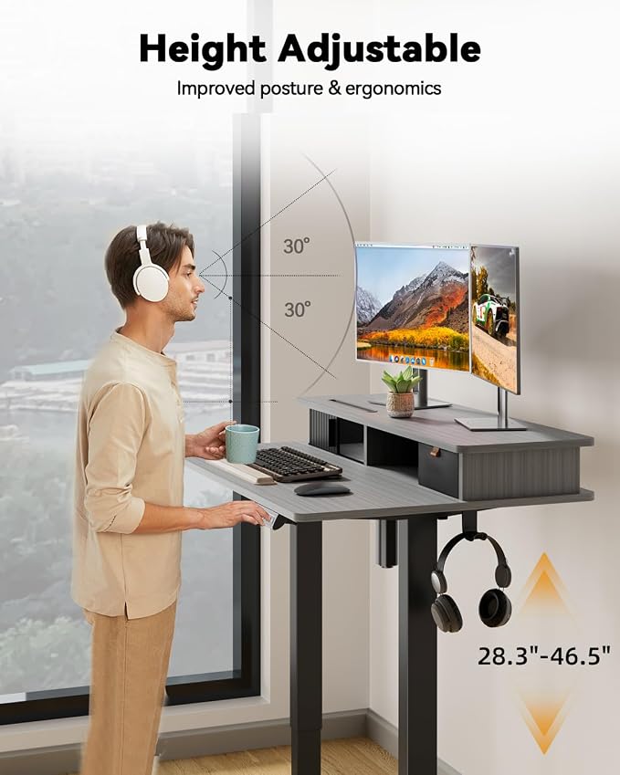 JOY worker 35" Electric Standing Desk Height Adjustable with Storage Shelf | Grey 35" x 25" Height Adjustable Desk for Small Space, Shutter Door & Drawer, Sit Stand Table with 2 Hooks for Home Office
