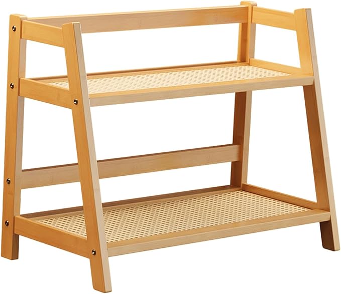 Double Layer Rack 2 Tier Bar Accessories Multipurpose Coffee Mug Display Stand Seasoning Storage Rack for Desk Office Bedroom, Bamboo Color S