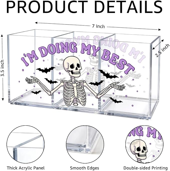 Skeleton Acrylic Desk Organizer, 3 Compartment Pen Holder, “I’m Doing My Best” Gothic Office Storage Box, Cute Skull Stationery Organizer for Desk Decor, Home & Office Supplies for Coworker