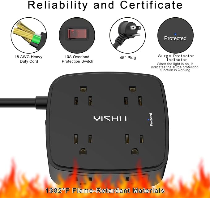 20 Ft Surge Protector Power Strip - 8 Widely Outlets with 4 USB Ports, 3 Side Outlet Extender with 20 Feet Extension Cord, Flat Plug, Wall Mount, Desk USB Charging Station, ETL, Black