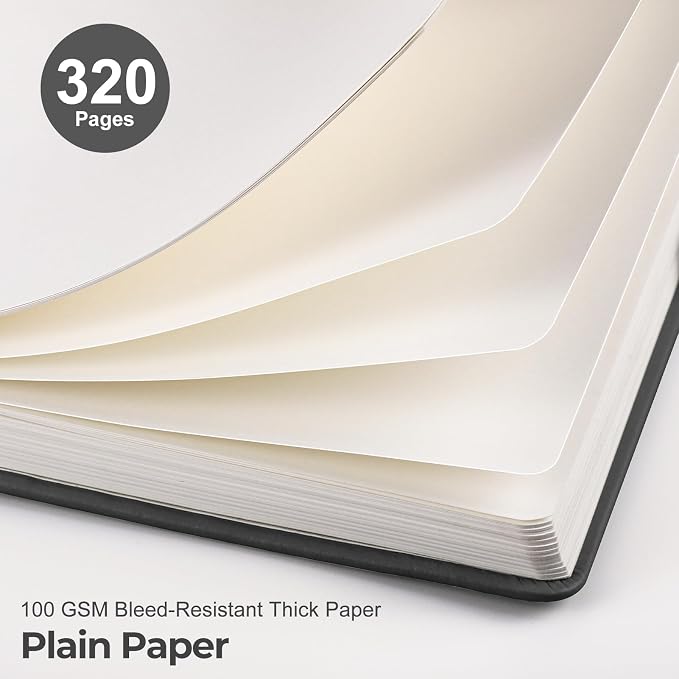 EMSHOI Blank Notebook Journal - 320 Pages, 100gsm Thick Paper, A5 Hardcover Leather, Art Sketchbook for Drawing, Unlined, Plain Sketch Book for Women Men Work Writing, 5.75 X 8.38, Black