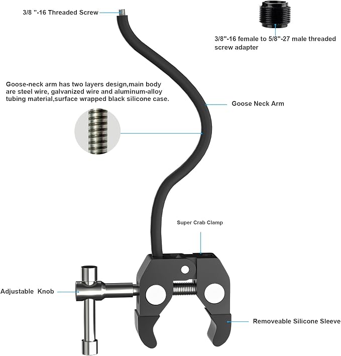 Mippko Gooseneck Microphone Stand,19.69" Flexible Adjustable Arm Super Crab Clamp Mic Clip 3/8"-16 to 5/8"-27 Adapter Mount,Compatible with Shure/Fifine / AT2020 / Pyle/Blue Snowball/Razer