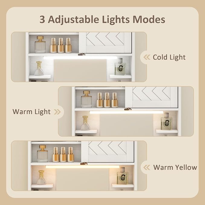 ARTETHYS Floating Vanity with Mirror & Lights White Wall Mounted Makeup Set | 3 Color Adjustable Magnetic Lights, Storage Shelves, Fold Down Desk, Farmhouse Dressing Table for Tiny Space