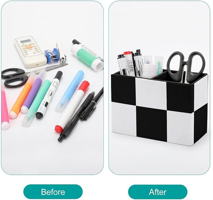 Black And White Plaid PU Leather Pen Holder Desk Organizer, 2-Compartment Pencil Container for Office, Home, Vanity Use