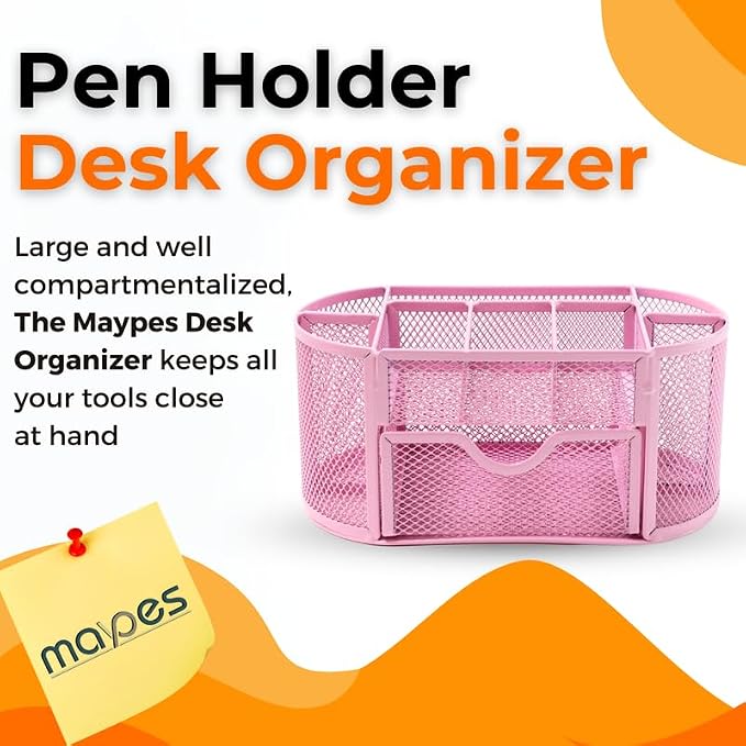 Modern Minimalist 9-Compartment Pink Desk Organizer - Pen Holder with Drawer Tray - Office Supplies Organizer