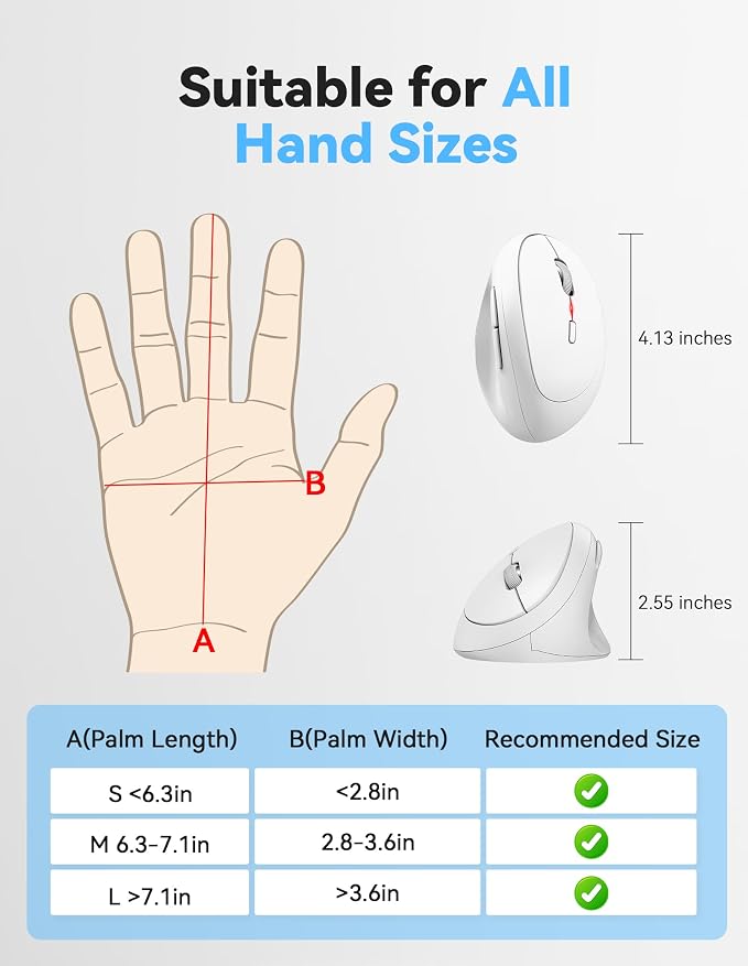 TECKNET Ergonomic Wireless Mouse 2.4G Vertical Mouse Silent 4800 DPI | 5 Adjustable DPI Levels, 6 Buttons, Compatible with Laptop, PC, Chromebook, Mac - Light White