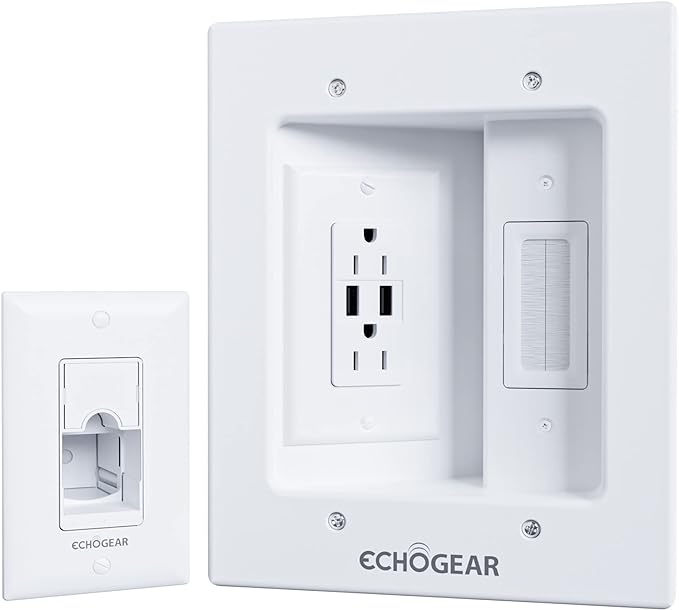 ECHOGEAR TV Cord Hider for Wall Mounted TV with 2X AC Outlets & 2X USB-A Ports - Hide Power Cables & Low Voltage Wires Behind The Wall - Includes Template, Saw, & Low Profile Extension Cord - White