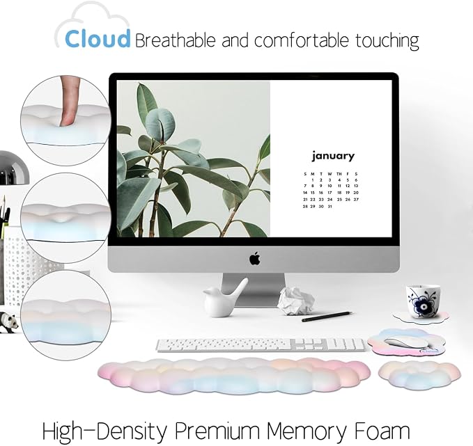 Cloud Wrist Rest Keyboard Palm Rest with Non-Slip Base for Computer Gaming Wrist Rest, YAMJUG Cloud Arm Rest Keyboard Wrist Pad Rainbow