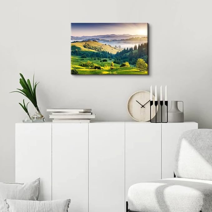 Green Misty Forest Wall Art Spring Mountain Landscape Wall Decor Large Nature Scenery Canvas Picture Painting Modern Framed Artwork for Bedroom Living Room Bathroom Office Home Decoration 16 x 24 Inch