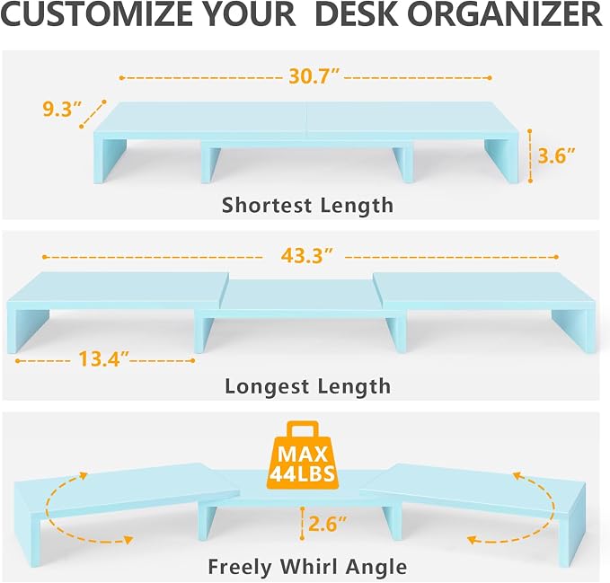 TAVR Dual Monitor Stand Riser Office Desktop Organizer Stand for 2 Monitors, Adjustable Length and Angle 3 Shelf, Extra Long Multifunctional Stand up to 43.3" fit Computer, Laptop, TV, Blue
