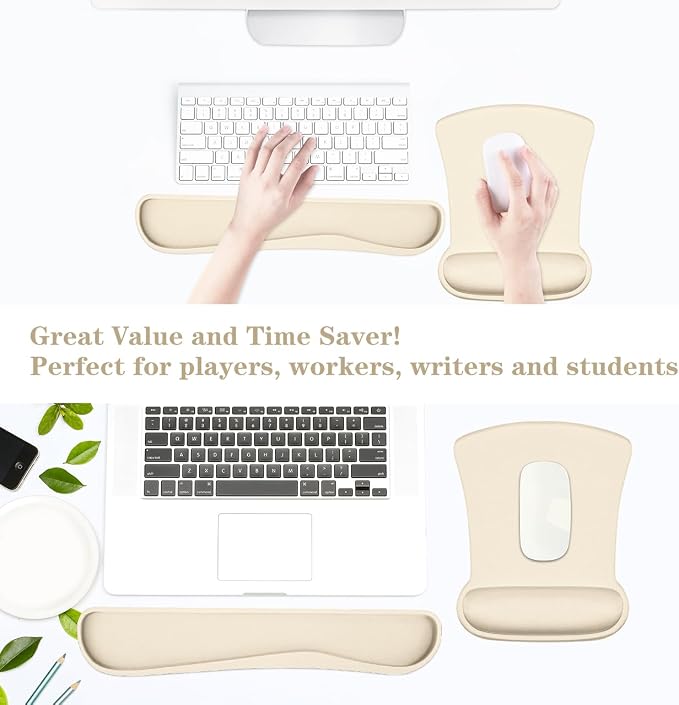 Ergonomic Keyboard Wrist Rest Memory Foam and Soft Gel Mouse Pad | Smooth Surface, Anti-Slip Base, Easy Typing and Pain Relief for Gaming, Office, Laptop, Apricot