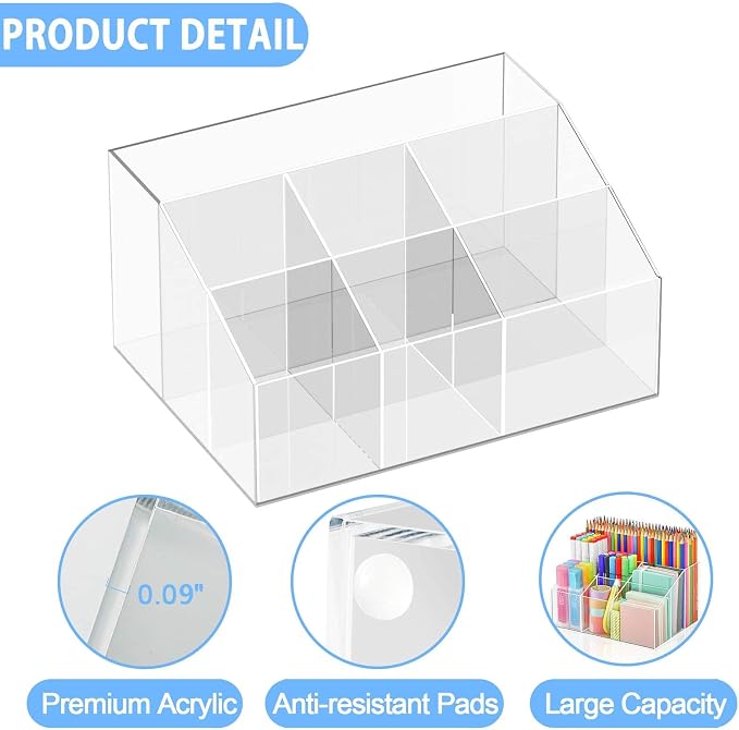 VITVITI Acrylic Desk Organizer, 7 Compartments Clear Pen Pencil Holder | Desktop Stationery Organizer, Office Pen Pencil Storage, Back to School, Home Art Supplies