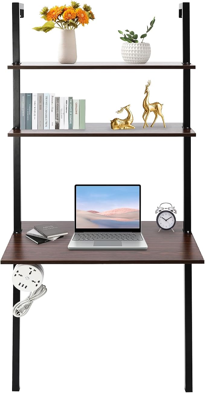 Wall Mount Desk 3 Tiers Wall Table Wall Mount Computer Writing Table Industrial Bookcase Desk Brown and Black for Homes Office School