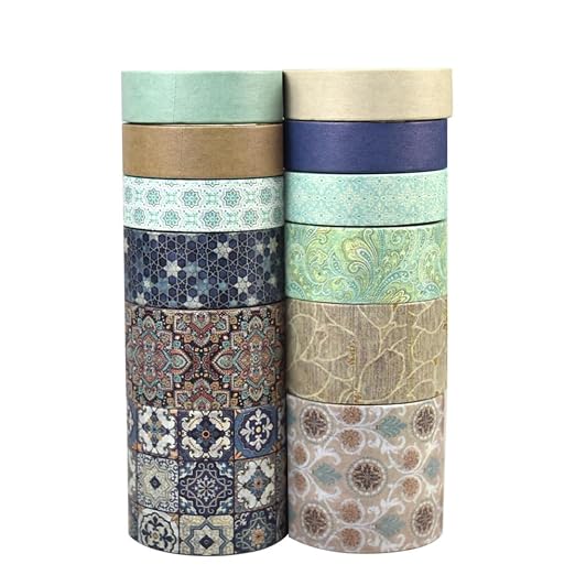 CooBigo 12 Rolls Washi Tape Set, Decorative Masking Tapes for Arts Scrapbook Planner Journaling Supplies Gift Wrapping DIY Crafts (Traditional Patterns)