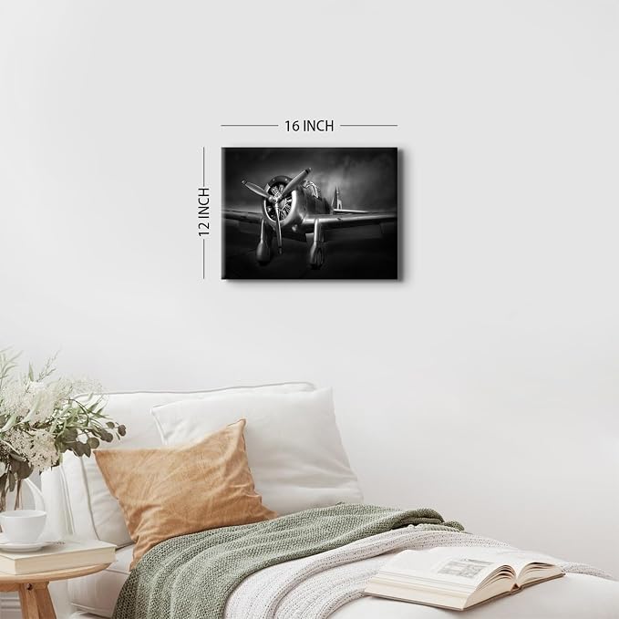 Airplane Propeller Wall Art Men Office Wall Decor Vintage Aircraft Picture Black and White Canvas Prints Artwork Fighter Poster Modern Aviation Military Painting for Home Bedroom Decoration 12x16"