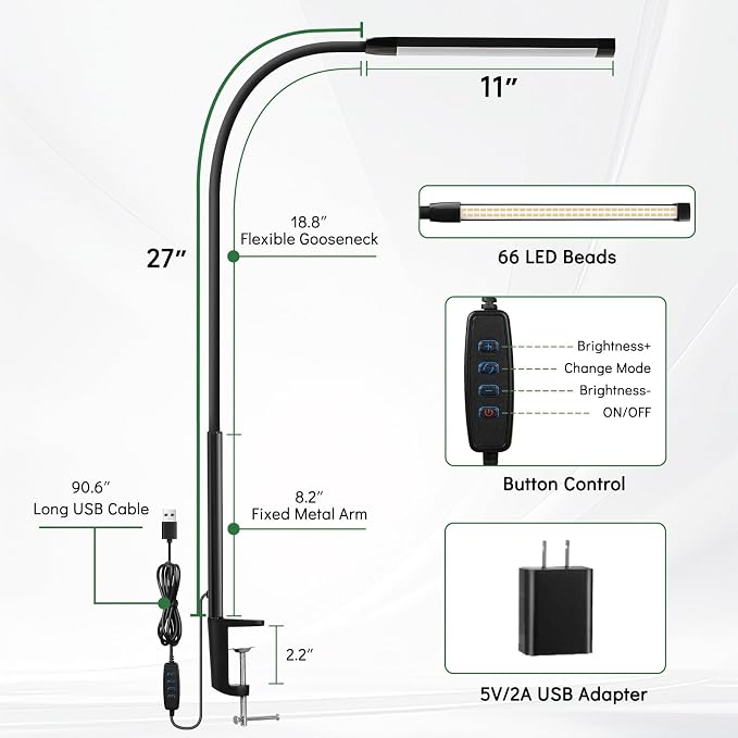 Clamp Lamp for Desk, Eye-Caring LED Clip Light (Black) | 27" Tall Flexible Arm, 3 Color Modes 10 Brightness, USB-Powered with 5V/2A Adapter