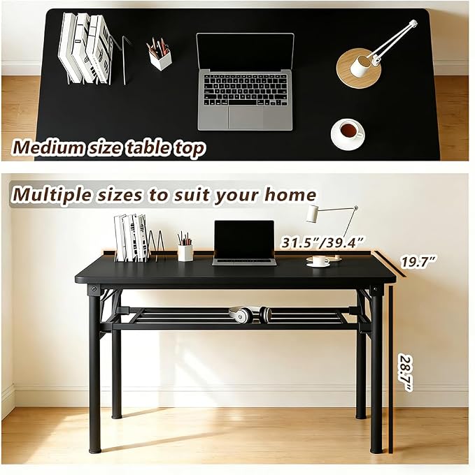 Folding Desk for Small Spaces, 39.4 Inch Foldable Computer Desk, No Assembly Required, Space Saving Portable Study Table for Compact Home Office, Bedroom, Dorm, Apartment, Black
