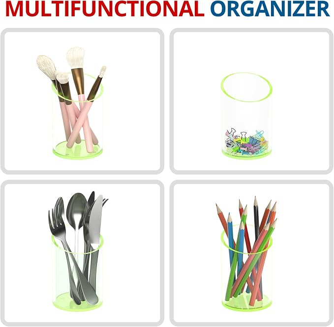 KOTEMON Pen Holder for Desk Organizer, Acrylic Makeup Brush Organizer Sanitizer Holder Pen and Pencil Holder for Office, Home, School, Neon Green