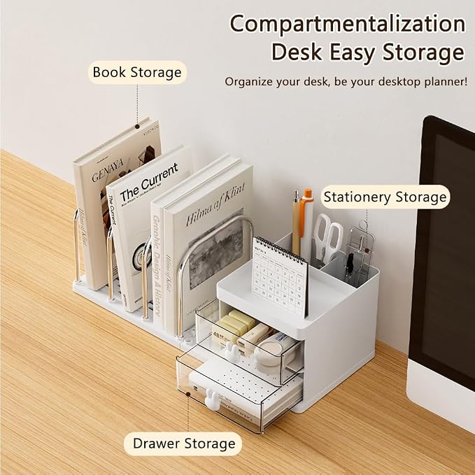 Desk Organizer with Bookends, Desktop Storage Box with 2 Drawers (White) | Multi-Functional Desk Accessories Organizer with 3 Top Compartments and 4 Bookends for Home Office School Supplies