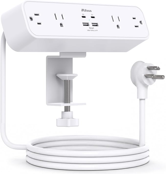 Mifaso PD65W Desk Clamp Power Strip, 1080J Surge Protector, 2 USB C | 4 Outlets, 5FT Extension Cord, Fast Charging Station, Desk Organizer Gaming Accessories Office Essentials, Fit 1.96" Edge