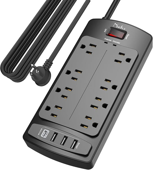 Surge Protector Power Strip - Nuetsa Flat Plug Extension Cord with 8 Outlets and 4 USB Ports, 15 Feet Power Cord, 2700 Joules, ETL Listed, Black