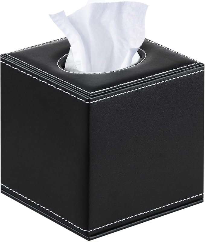 Leather Tissue Box Cover Square,Upgrade 99% Compatible Large Size,Modern Tissue Box Holder for Napkin Facial Paper,Dryer Sheet Dispenser Organizer for Bathroom Vanity Countertop,Night Stand Black