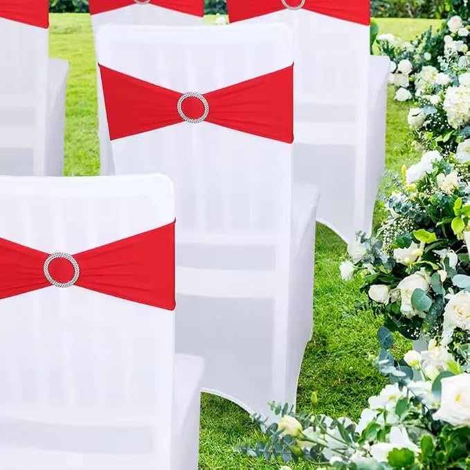 Tvoip 10PCS Chair Cover Stretch Band with Buckle Slider Sashes Bow Wedding Banquet Chair Decoration (Red)