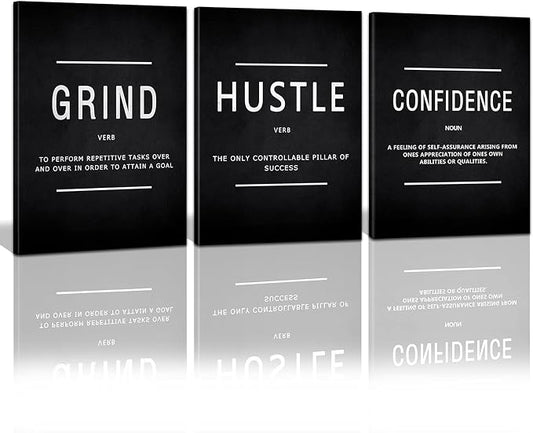 KAWAHONE Motivational Success Canvas Wall Art, Grind Hustle Confidence Wall Decor Framed Inspirational Entrepreneurs Painting Prints Quotes Poster for Office Workplace Ready to Hang