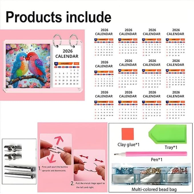 2026 Standing Desk Calendar DIY Diamond Art Painting Monthly Flip Desktop Calendar Mosaic Kits Acrylic Tabletop Calendars Diamond Art Craft Supplies Planner for Office Home Decor-Bird