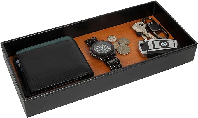 JACKCUBE Design Leather Bamboo Valet Tray for Men, Catch All Trays for Key, Phone, Wallet, Coin, Sunglasses, EDC Dump Storage (Black) - MK205A