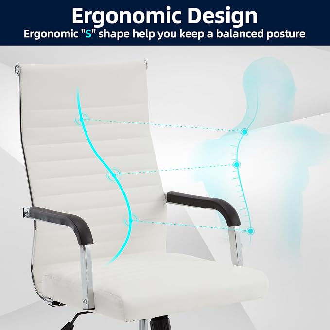 Office Chair, Ergonomic Executive Conference Room Chairs, Ribbed Leather Desk Chair with Lumbar Support, Adjustable Height Mid-Back Swivel Chair with Padded Seat